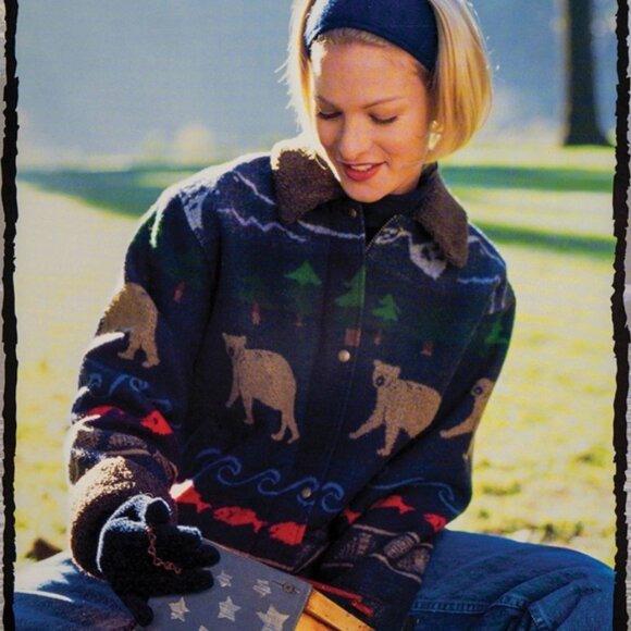 Pendleton Originals Vintage Wool Blanket Coat Cabin Bear Fish Sherpa Women's S - Picture 1 of 9